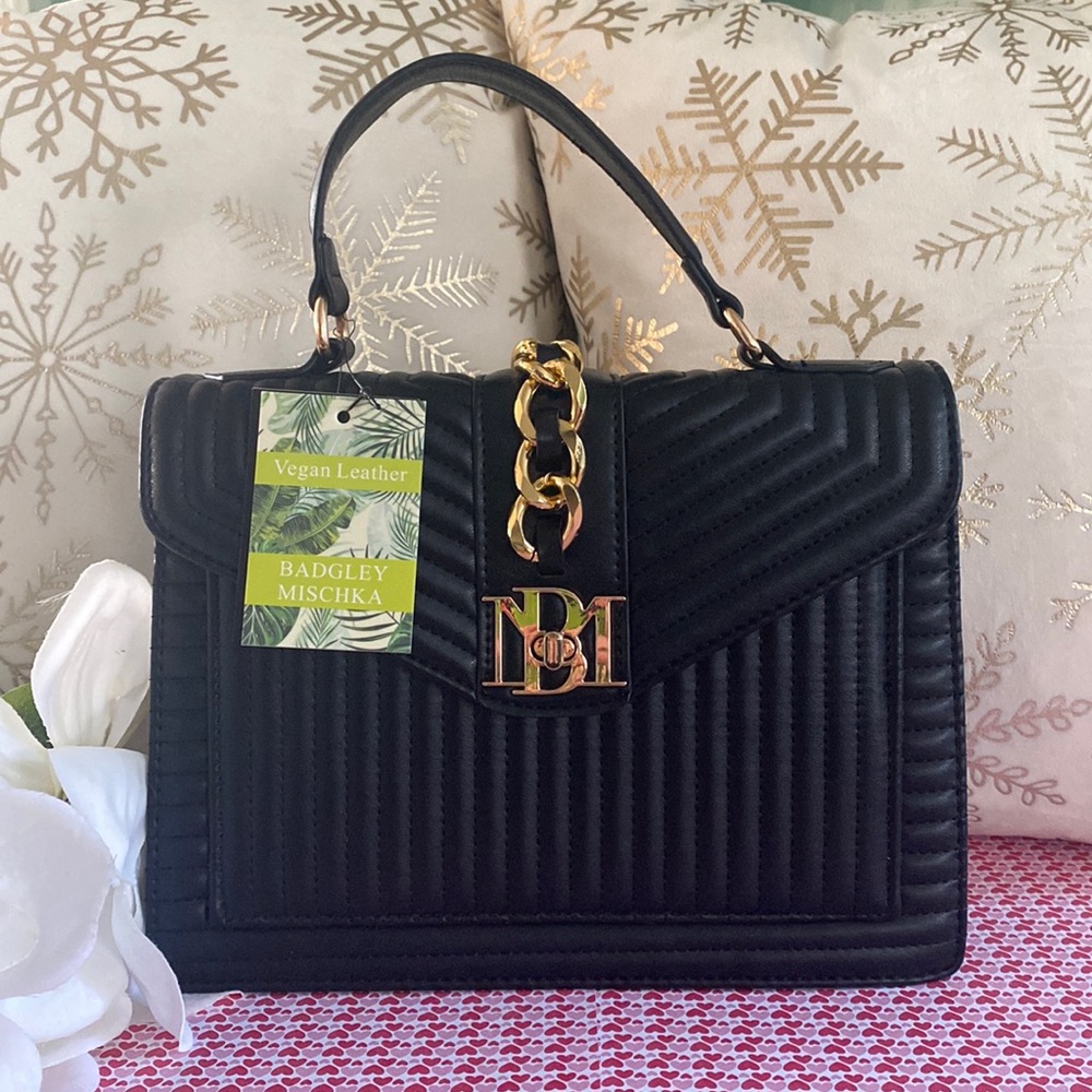 🖤 Badgley Mischka Quilted Crossbody Bag + Satchel, Black w/ Gold Chain